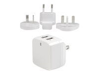 StarTech.com USB-väggladdare med två portar - internationell resa - 17 W/3,4 A - vit strömadapter - USB - 17 Watt USB2PACWH